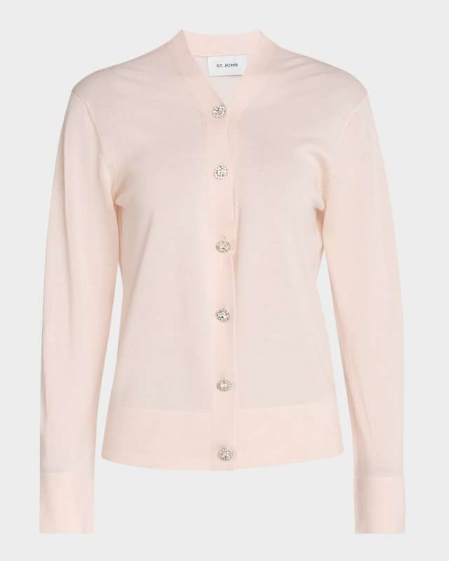 Crystal-Button Fine Gauge Merino Knit Cardigan